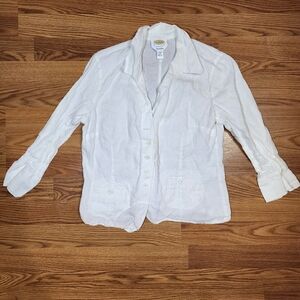 Vintage Talbots Irish Linen Blouse Womens Sz 8  Button Up Shirt  Pockets White